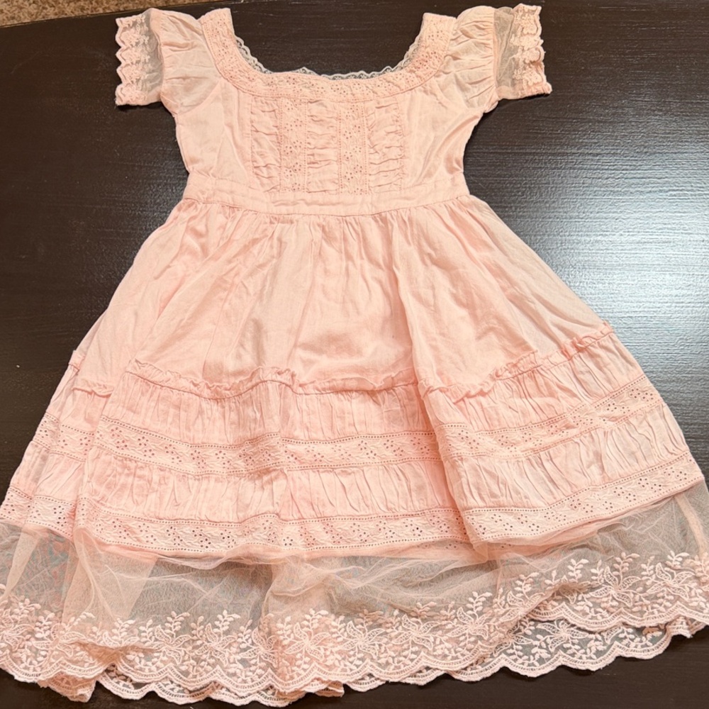 Girls' Light Pink Lace-Trim Casual Dress